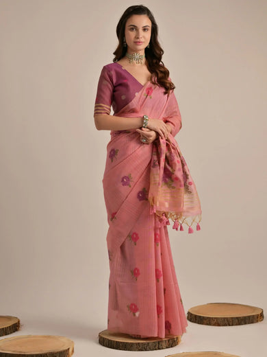 Bewitching Pink Floral Weaving Cotton Festival Wear Saree With Blouse